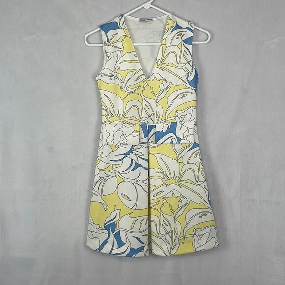 Zara White Yellow and Blue Printed Sleeveless Retro Mini Dress. Size Small. - Picture 1 of 11